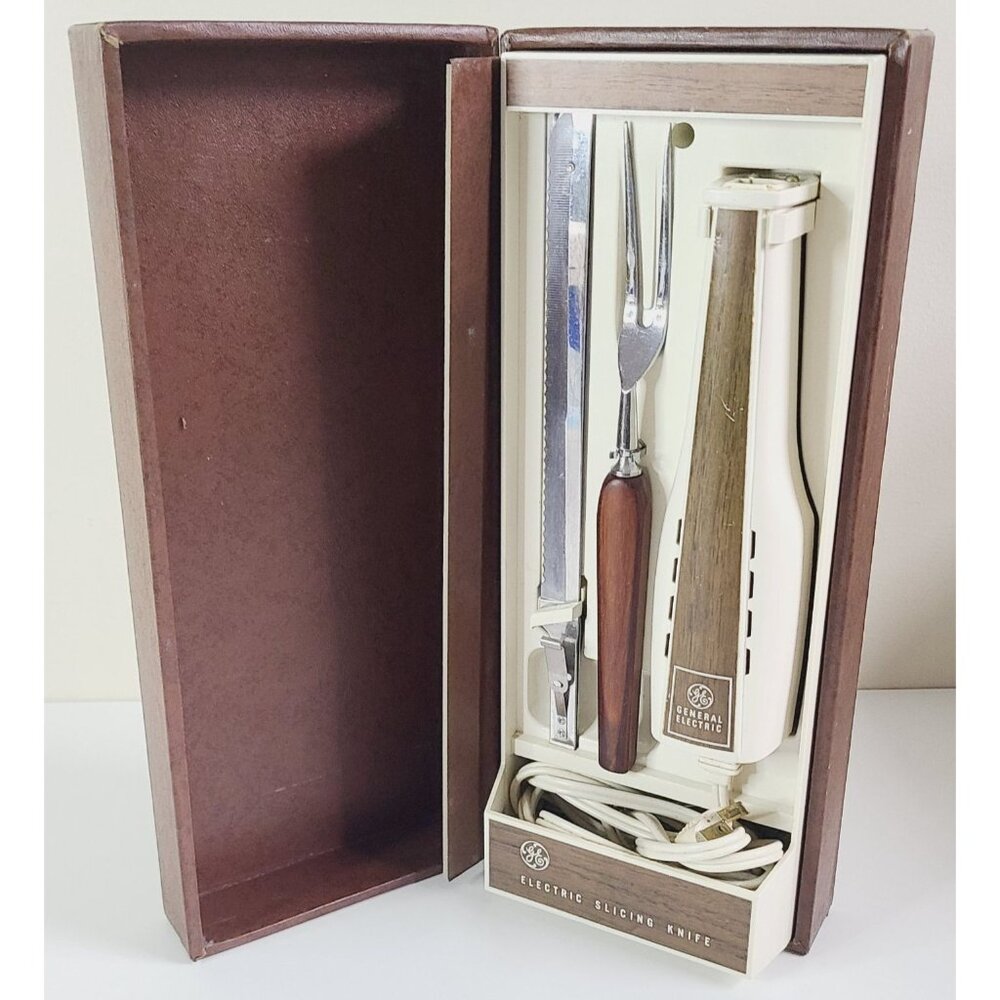Vintage General Electric Electric Slicing Knife Set W/ Fork Box & Hanging Caddy